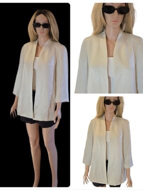 Eileen Fisher Beige Silk & Linen Blend Stand Collar Jacket - XS